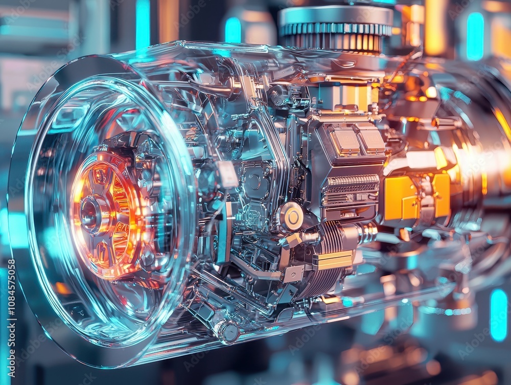 Poster futuristic engine design with transparent casing and neon highlights, showcasing intricate details o