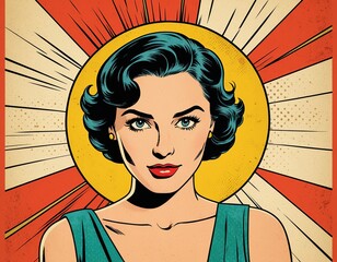 Retro pop art woman with radiant halo and vintage style