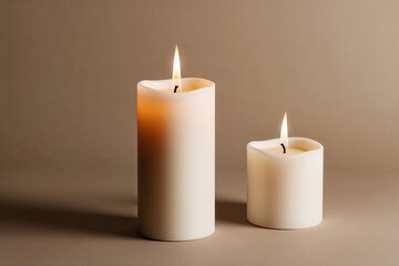 Sleek Modern Pillar Candle with Flame on Neutral Background