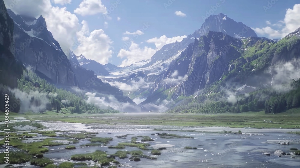 Poster mountain range landscape with a river flowing through it