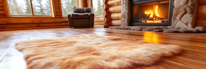 bearskin rug in cabin living room, fireplace in background 