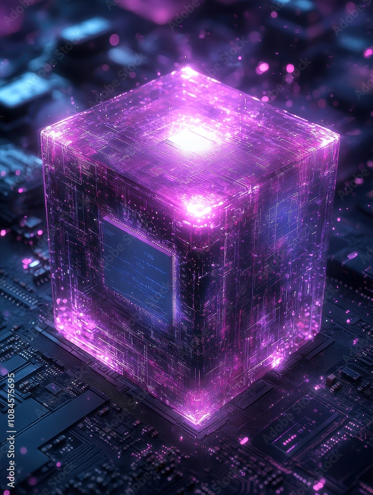 Poster abstract futuristic cube-shaped object with glowing lights and intricate circuit patterns, symbolizi