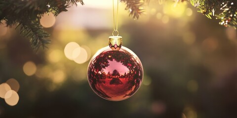 Obraz premium A red glass ball ornament hangs from a decorated Christmas tree