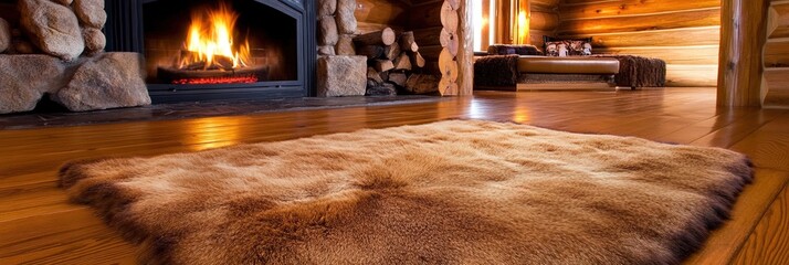 bearskin rug in cabin living room, fireplace in background 