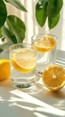 Fototapeta premium Refreshing lemon water served in glasses with fresh lemon slices and green leaves on a sunny table
