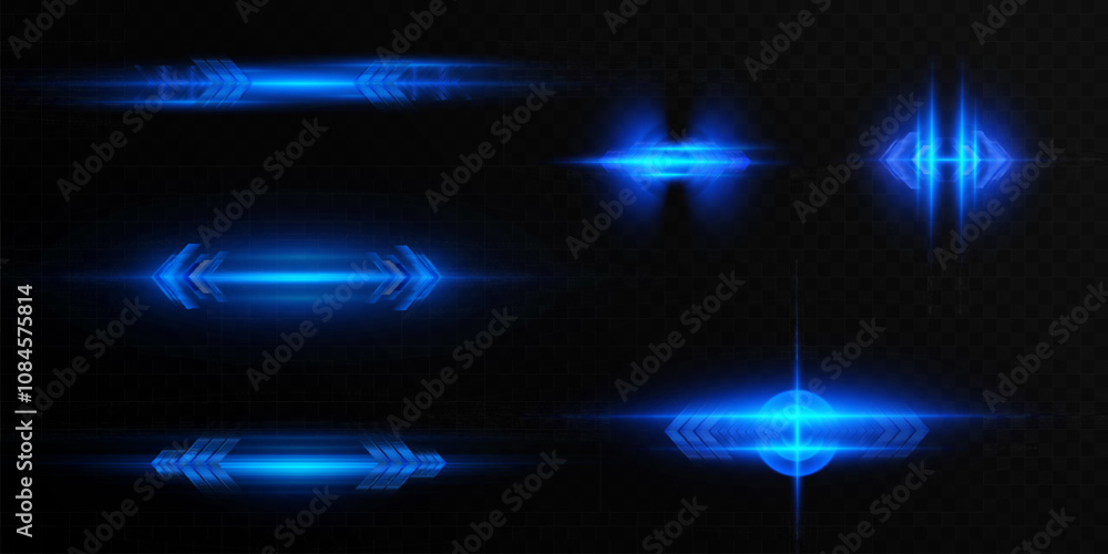 Poster a vibrant set of abstract blue tech lighting effects. vibrant futuristic horizontal flashes of blue 