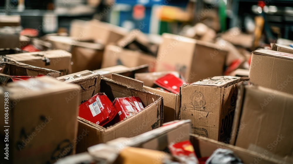 Poster a pile of boxes and containers stacked on the floor, ideal for use in storage or organizational scen