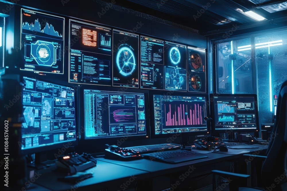 Poster high-tech control room with multiple monitors displaying data analysis and graphs for cybersecurity 
