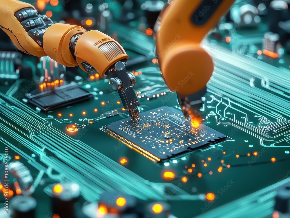 Poster close-up view of robotic arms working on a circuit board, highlighting advanced technology and autom