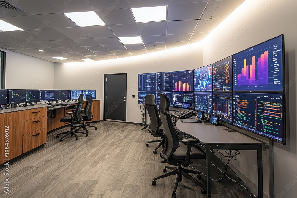 Poster modern financial trading room with multiple monitors displaying data and charts in a sleek, contempo