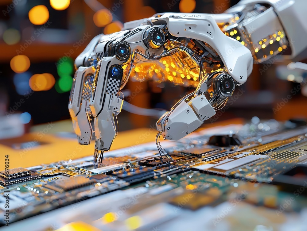 Poster advanced robotic hand engaging with circuit board during high-tech assembly process in futuristic la