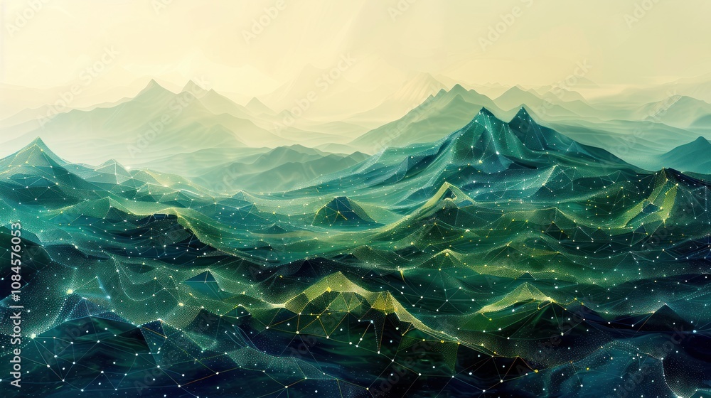 Poster abstract mountain range with glowing lines and points.
