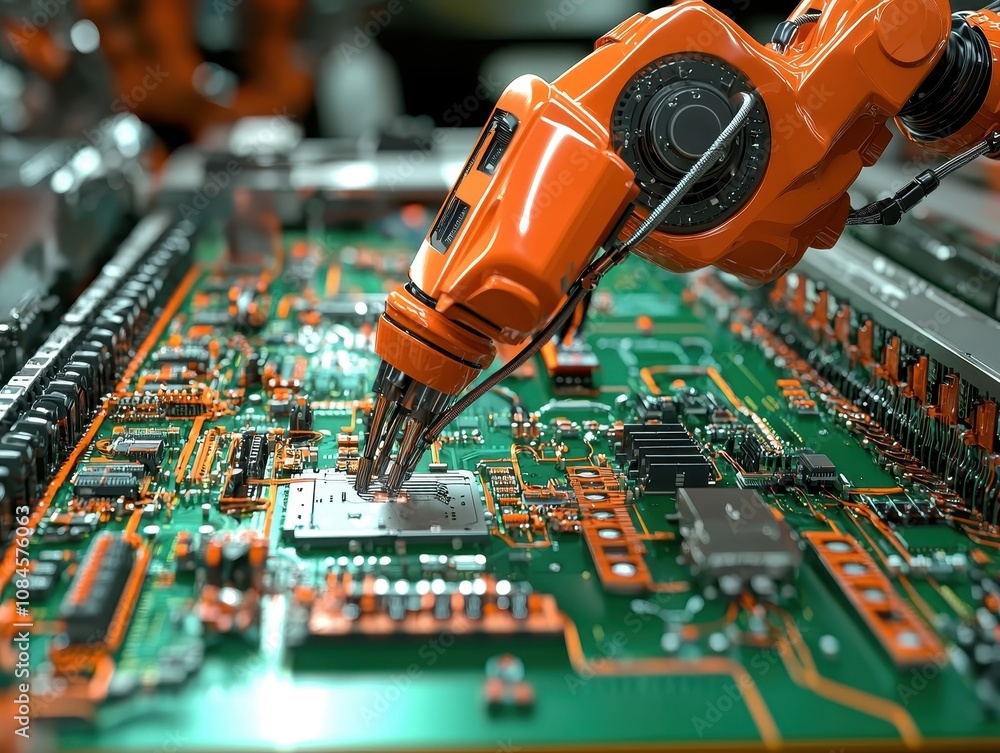 Poster advanced robotic arm assembling electronic circuit components on a printed circuit board in a high-t