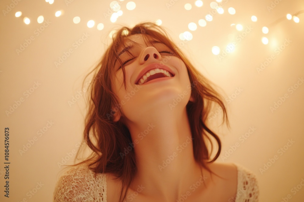 Poster a woman smiles as she looks at a string of lights in the background