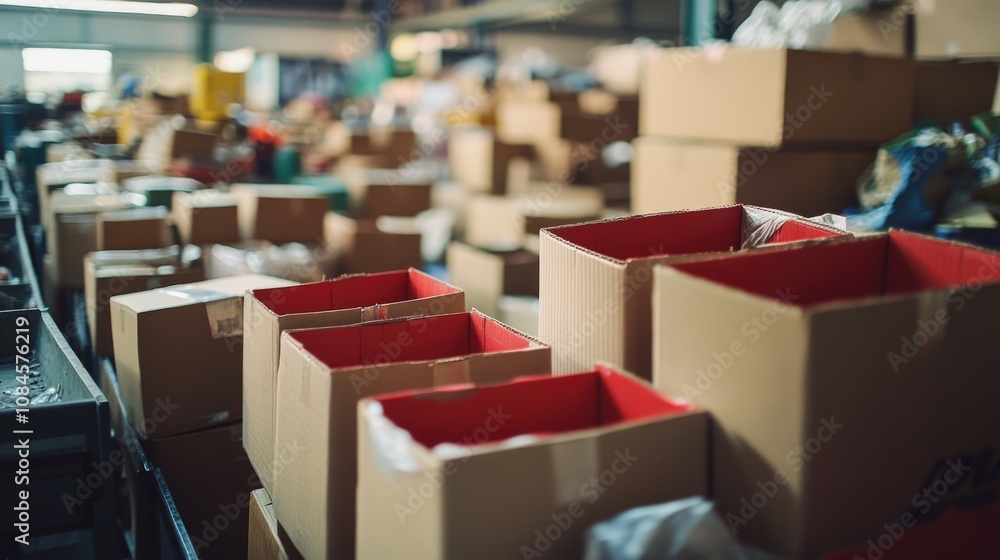 Poster A large warehouse filled with stacks of boxes and crates