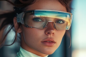 Naklejka premium A woman wears goggles and a necktie, perfect for vintage or sci-fi themed photoshoots