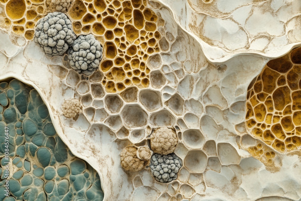 Poster this microscopic examination reveals intricate cellular structures and organic forms with unique col