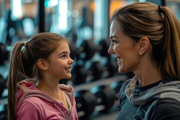 A woman and a young girl standing together in a gym setting, possibly a parent-child bonding moment or a sports training scenario