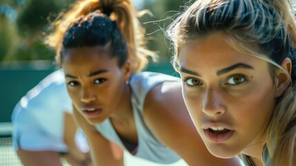 Two women playing tennis on an outdoor court with rackets