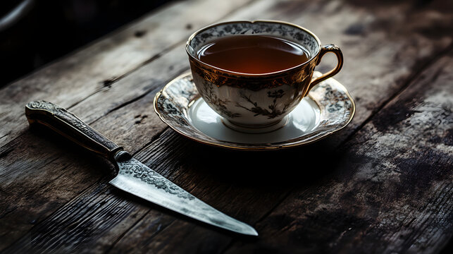 Elegantly Resting Tea Cup and Sharp Knife on a Wooden Table in a Warm and Inviting Setting