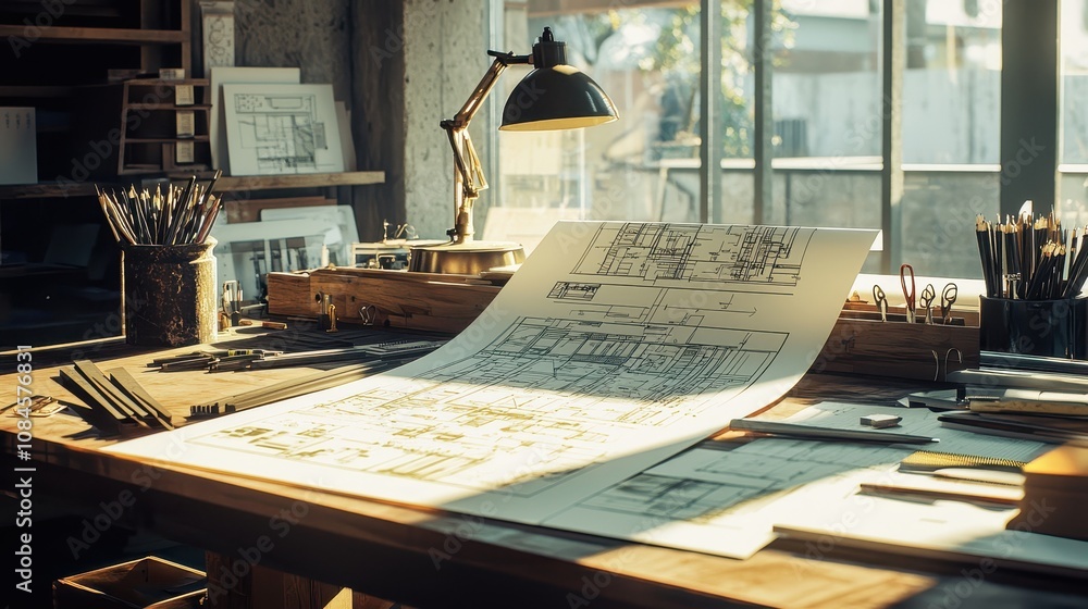 Poster spacious design studio with blueprints and tools under warm sunlight featuring a creative workspace 