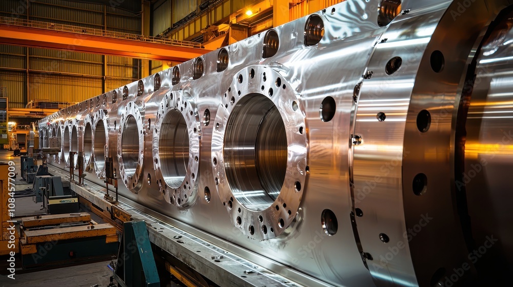 Poster precision machining workshop showcasing large metal components with flanged edges in a factory setti