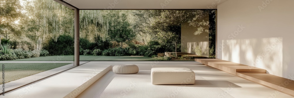 Aufkleber this modern living room features bright spaces with large windows providing views of a green garden,