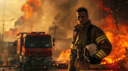 Naklejka premium Brave Firefighter Standing Firm Amidst Urban Blaze for Emergency Services Awareness