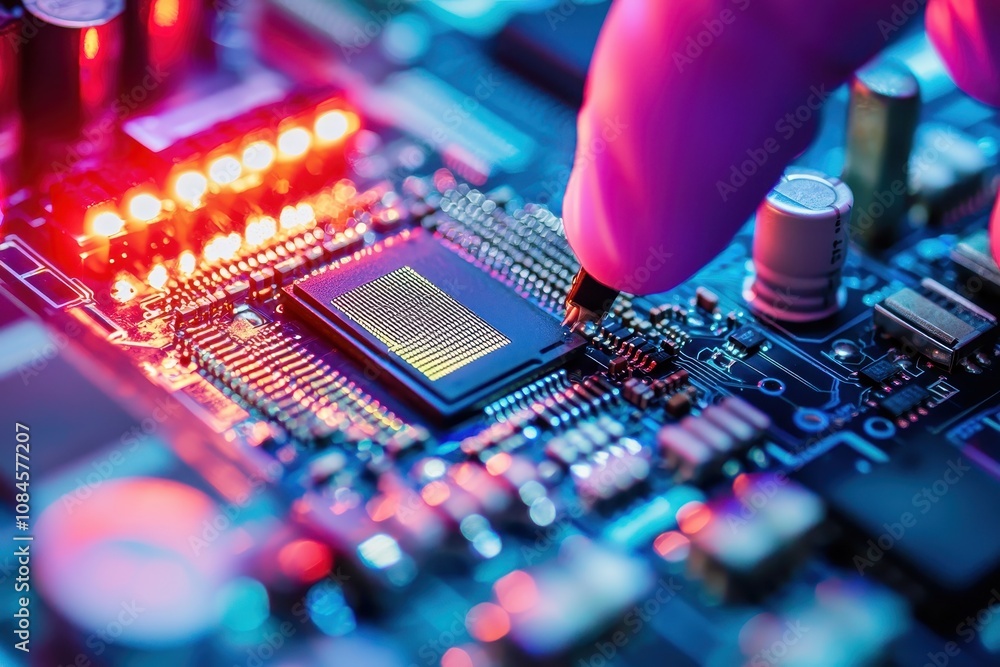 Poster close-up view of a hand holding a pencil pointing at a microchip on a circuit board surrounded by vi