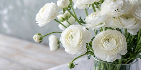 White ranunculus flowers against a blurred background, garden flowers, white ranunculus