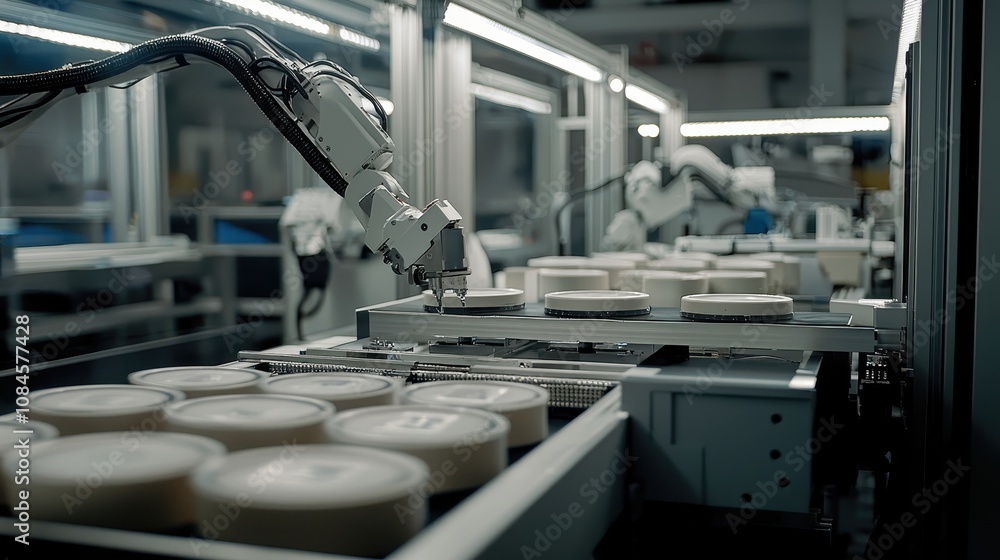 Poster Advanced Robotics in Manufacturing: High-Tech Automation Process with Robotic Arms Handling Precision Components in an Industrial Setting