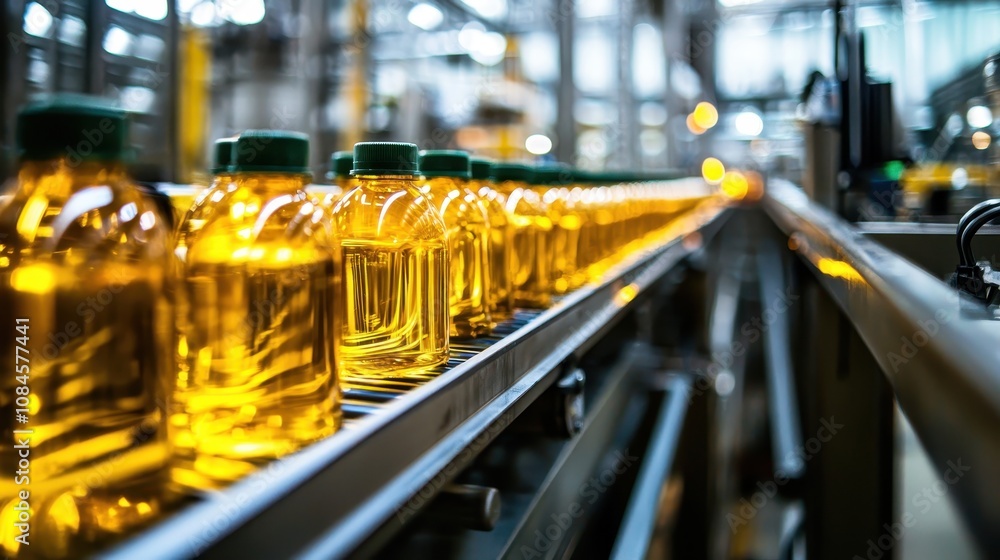 Poster industrial production line showcasing a sequence of yellow oil bottles moving along a conveyor belt 
