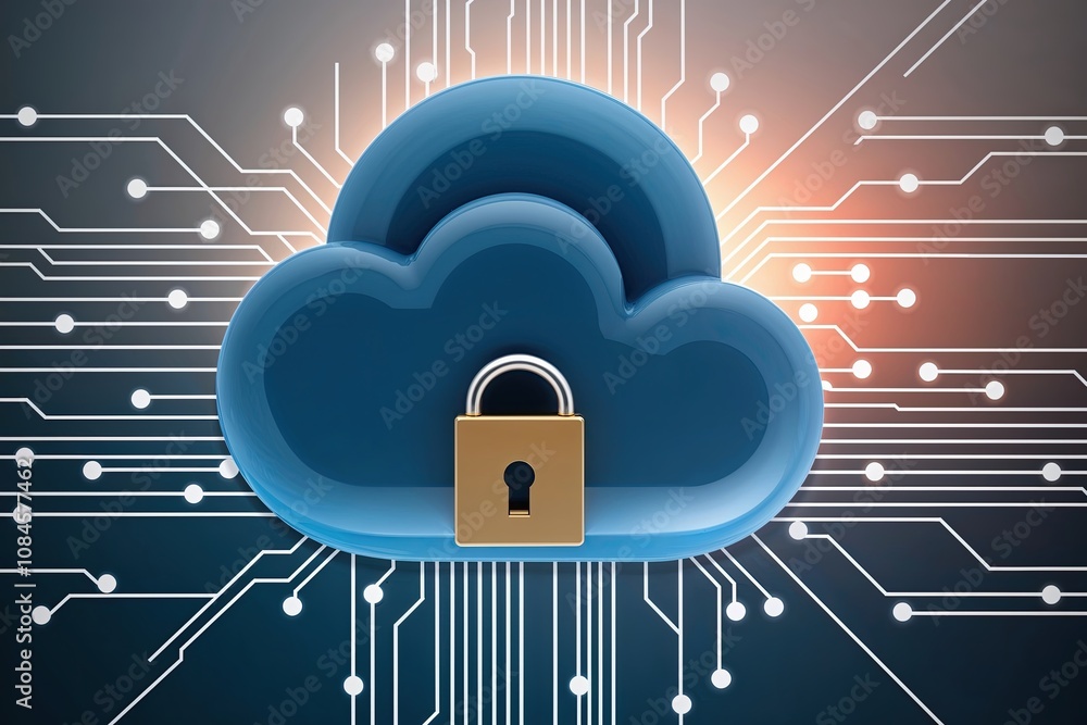 Poster vivid cloud and secure key icon over virtual circuit signifying cloud technology safety
