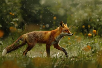Vibrant Fox in Rain-Soaked Field with Lush Greenery and Wildflowers