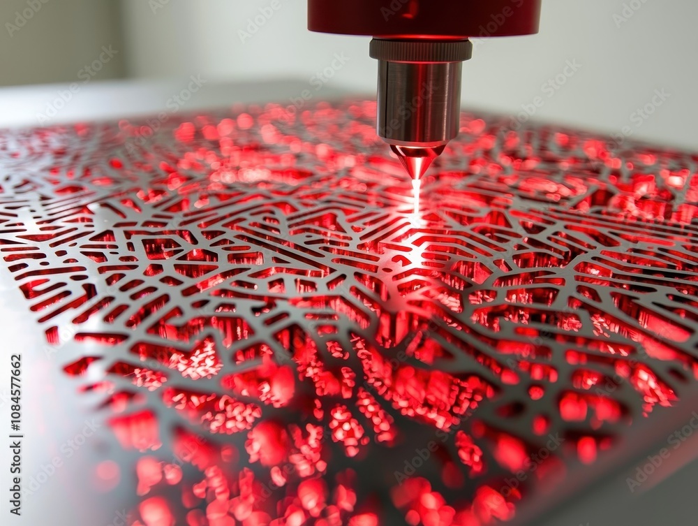 Poster high-precision laser cutting process creating intricate patterns on metal sheet with red light emiss