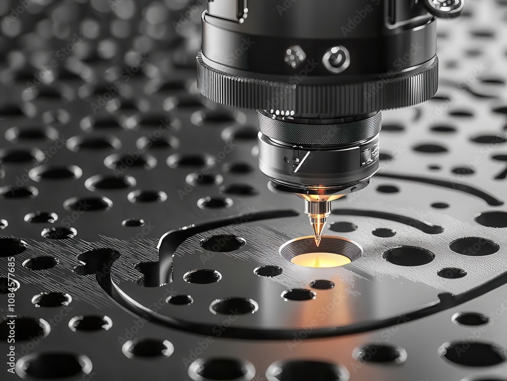 Aufkleber close-up view of precision laser cutting process on metal sheet with intricate patterns highlighting