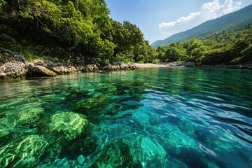 A serene image of a river flowing through a forest, with lush green trees and calm waters