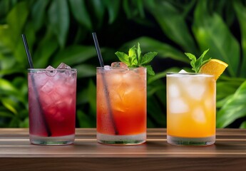 A selection of colorful refreshing cocktails served on a wooden table with lush greenery
