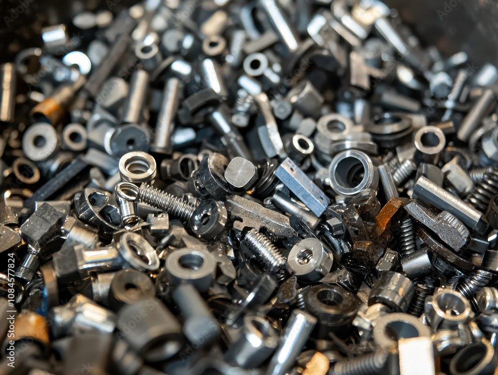 Poster close-up view of various nuts and bolts mixed together on a dark background in a workshop, showcasin