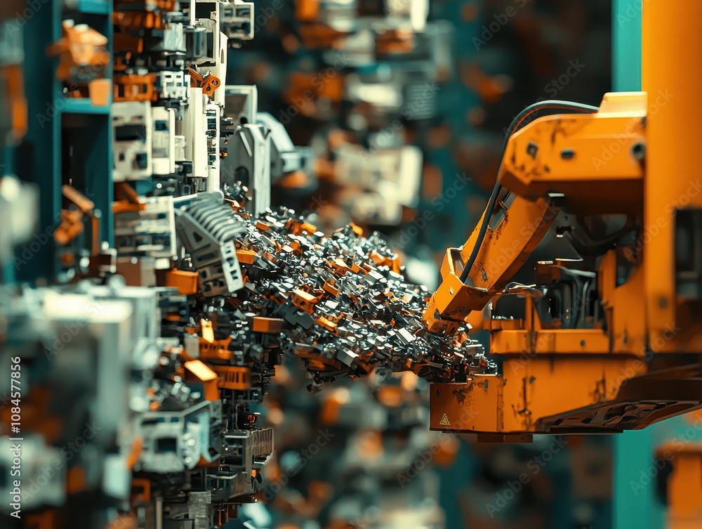 Poster close-up of industrial robotic arm sorting and organizing various small components in a high-tech ma