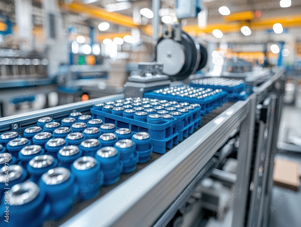 Poster industrial production line with automated conveyor system transporting blue component trays in moder