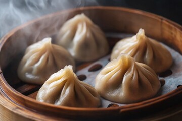 A wooden bowl filled with dumplings placed on a table, ready to be served or enjoyed