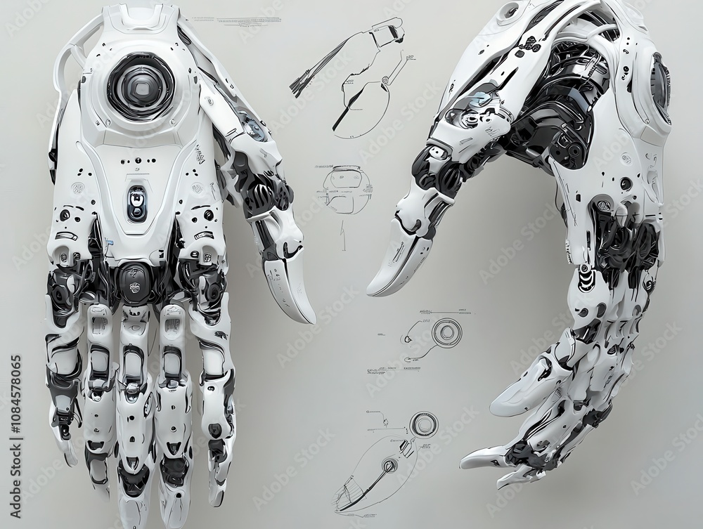Poster futuristic robotic hands design with intricate mechanisms and technology elements, showcasing innova