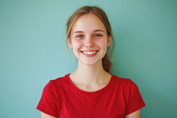 Fototapeta premium A happy young girl wearing a bright red shirt smiles directly at the camera