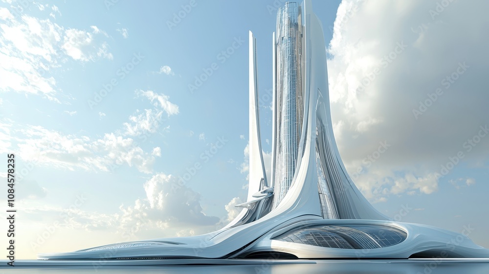 Poster futuristic architectural structure with sleek white curves under bright sky and soft clouds, capturi