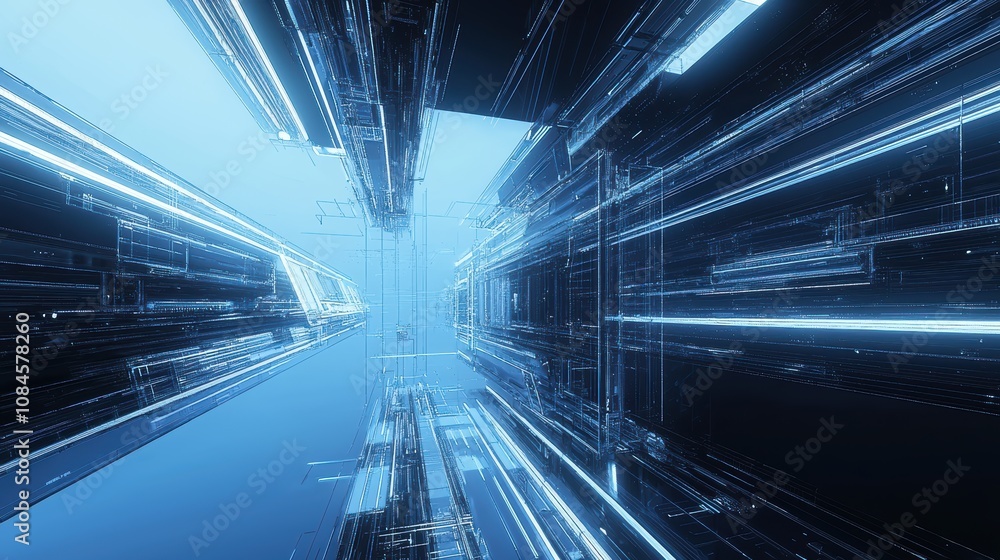 Poster futuristic abstract digital landscape with neon light effects and high-tech structures in motion, cr