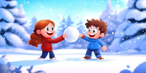 Naklejka premium 2D animated cartoon snowball fight 
