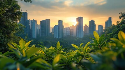 Lush green foliage in the foreground with a modern cityscape