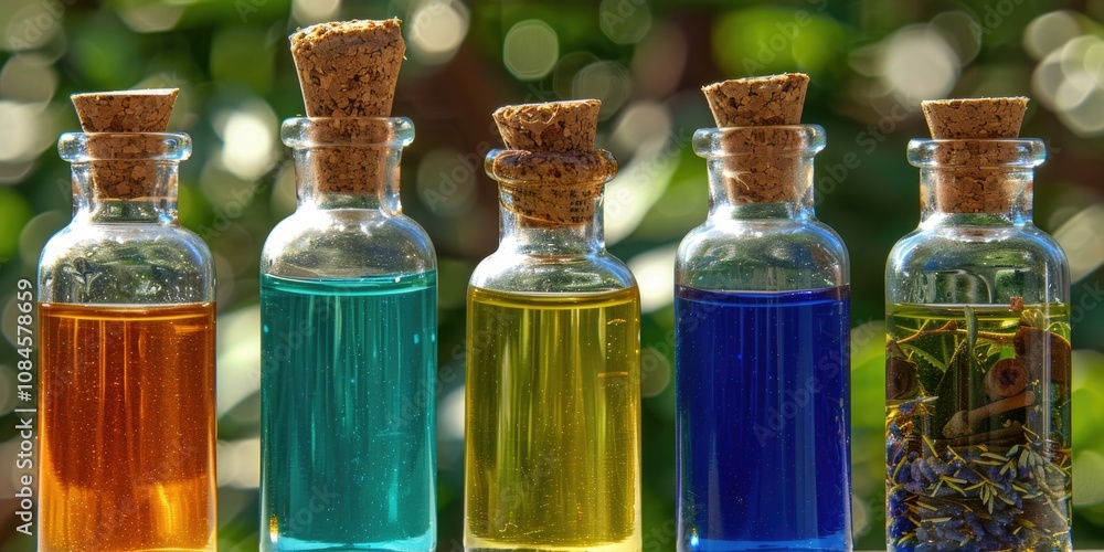 Poster A row of bottles filled with different colored liquids, suitable for use in scientific or educational settings