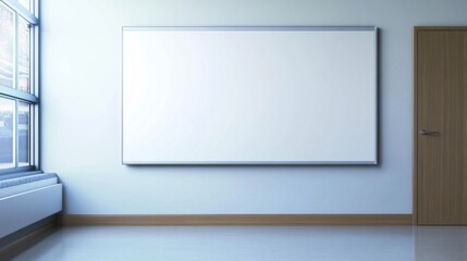 Blank whiteboard in a modern office with a window and door.